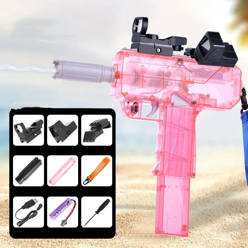 Electric children's water gun with transparent body showing water level, in blue colour with attached accessories.