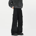 Men's black retro high-waist straight-leg casual trousers on a neutral background