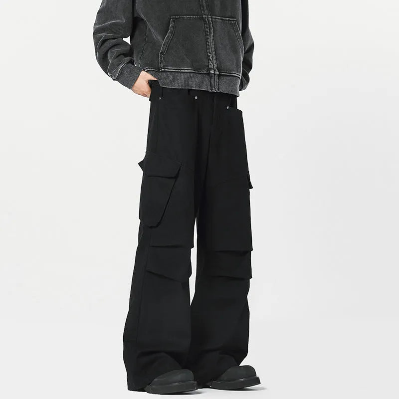 Men's black retro high-waist straight-leg casual trousers on a neutral background