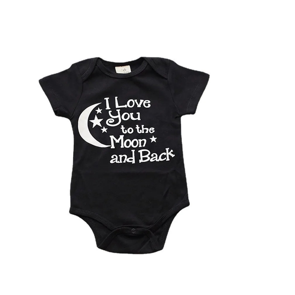 Baby boys black polyester romper with moon, star and letter print, short sleeves, triangle climbing style