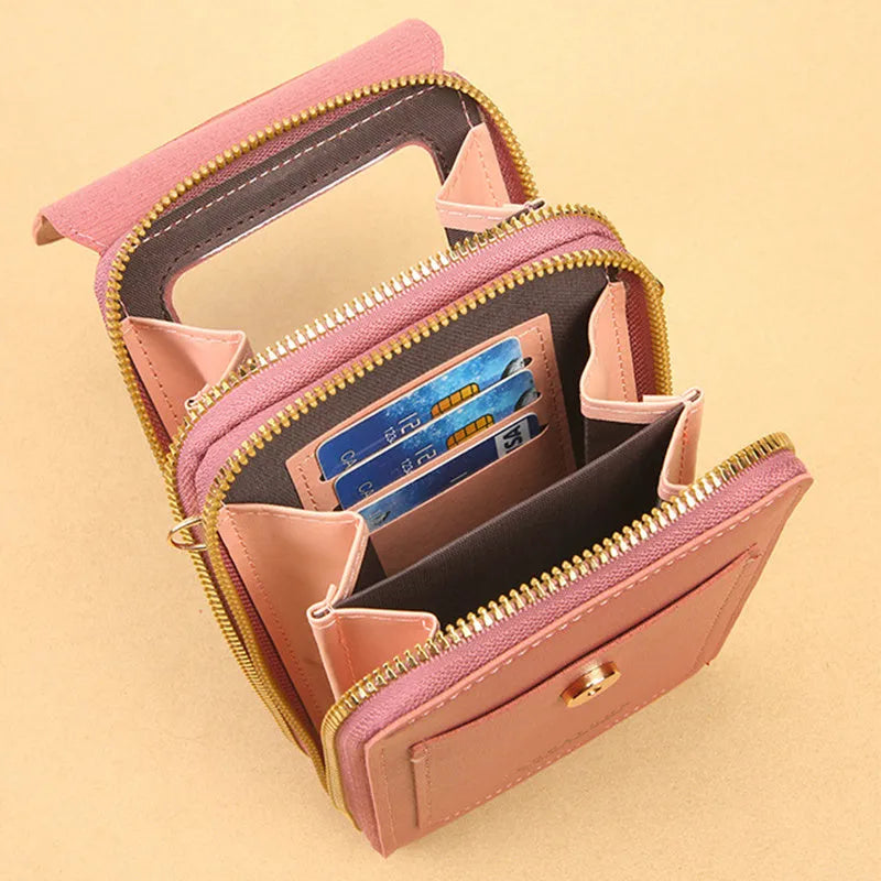 Women's transparent crossbody shoulder bag in PU material with touch screen phone capability, available in multiple colours