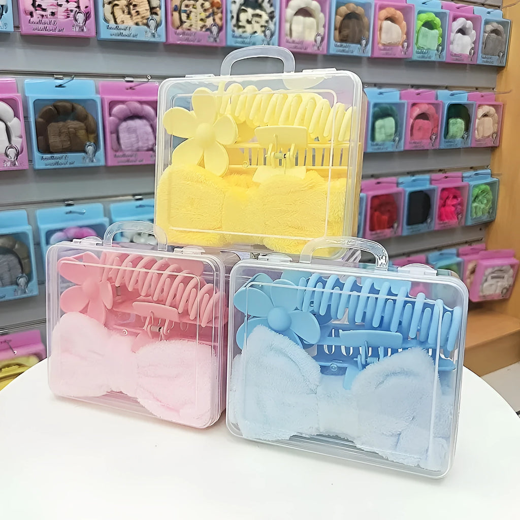 16-piece plaid bow hair band set with wrist strap and barrettes in nine colours including pink and blue.