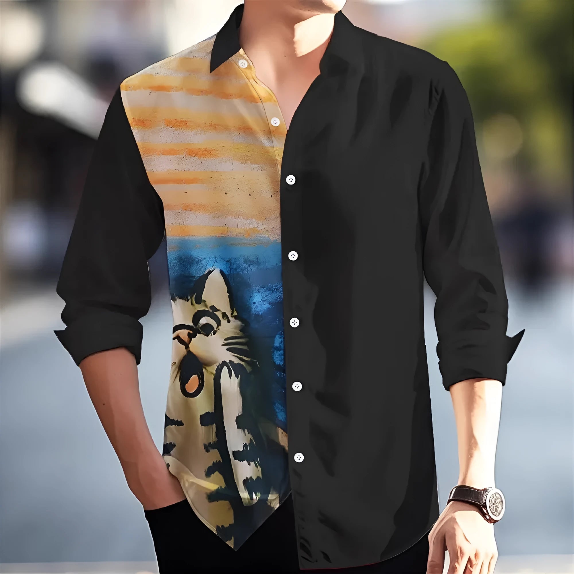 Man wearing a long sleeve Hawaiian shirt with colourful flower patterns, showing loose cardigan style fit.