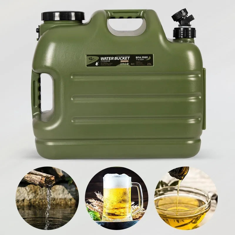 Army green thickened PE portable water storage tank with cap, available in 10L 18L 25L capacities
