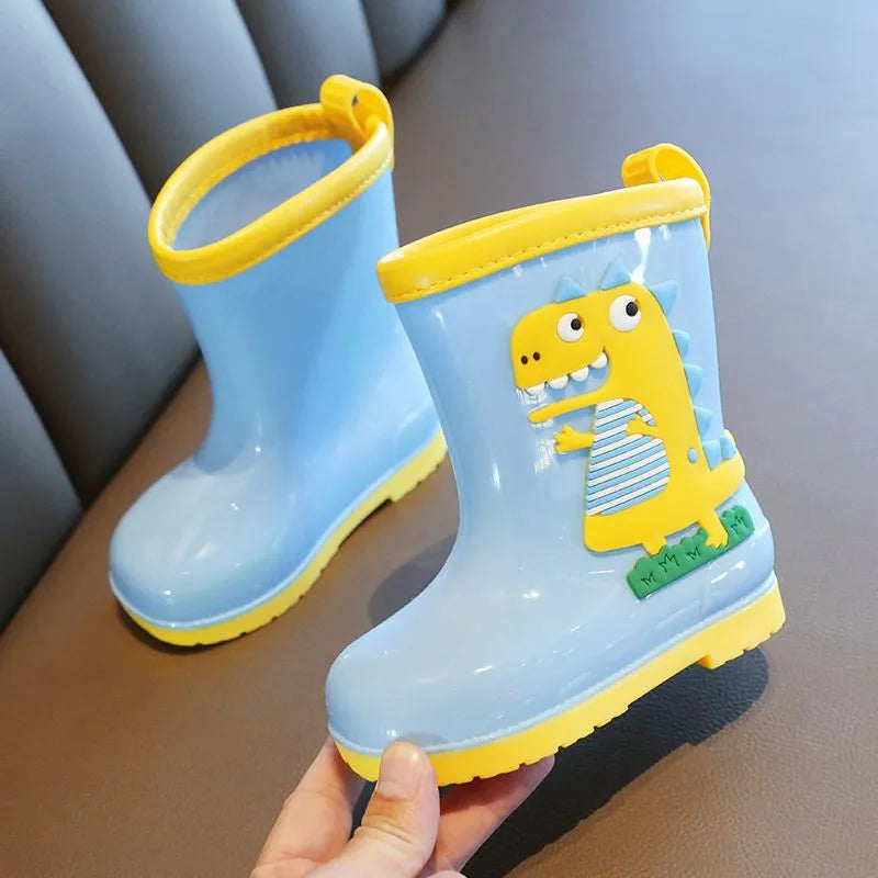 Children's non-slip low-top PVC rain boots with dinosaur print in blue, pink, and yellow colours