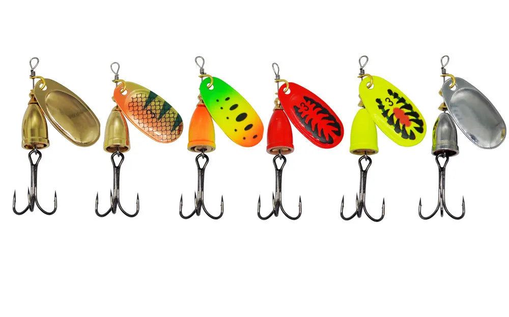 R-shaped metal fishing lure with rotating sequins and copper bell in gold, silver, red, yellow, and green colour variations