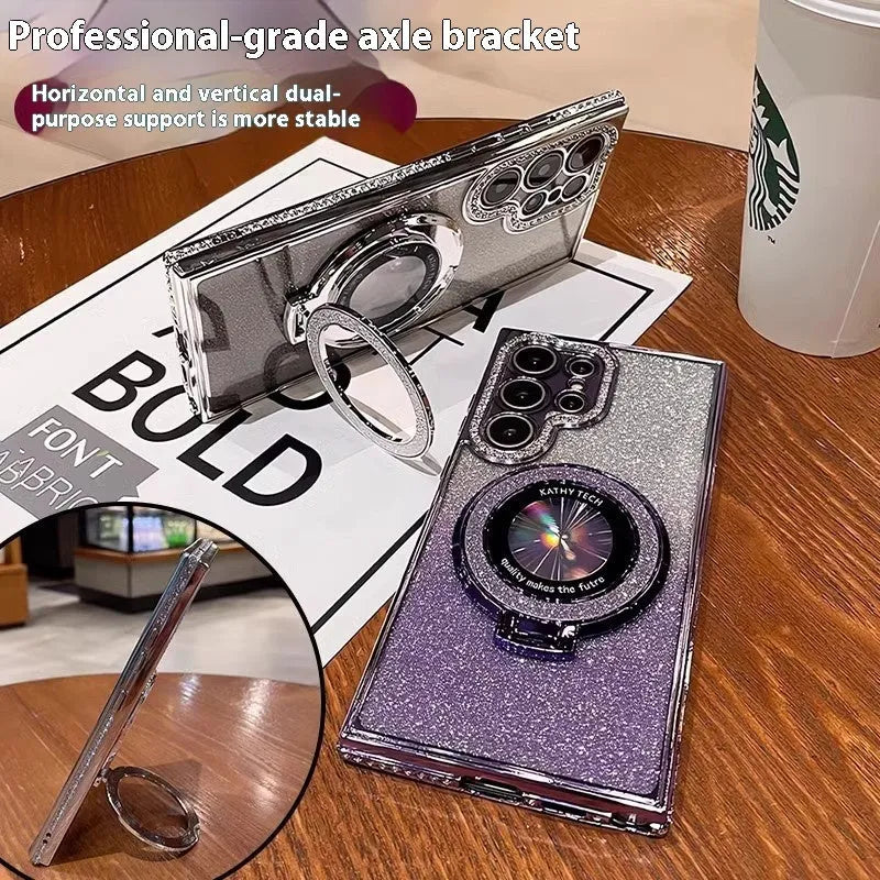 Black glitter magnetic bracket phone case for Samsung with lens cover on a flat surface