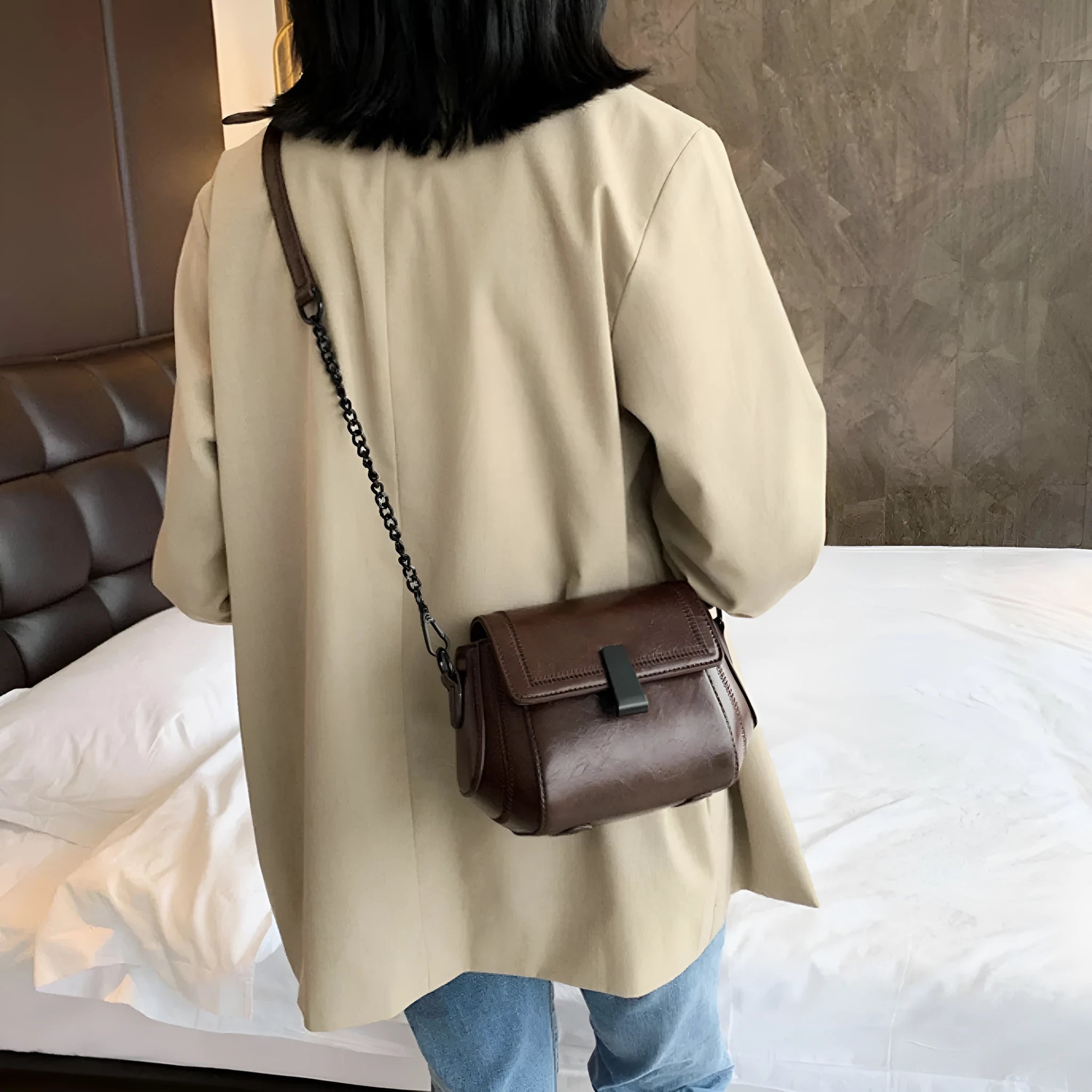 Korean style PU shoulder crossbody bag in beige with clamshell opening and crossbody strap