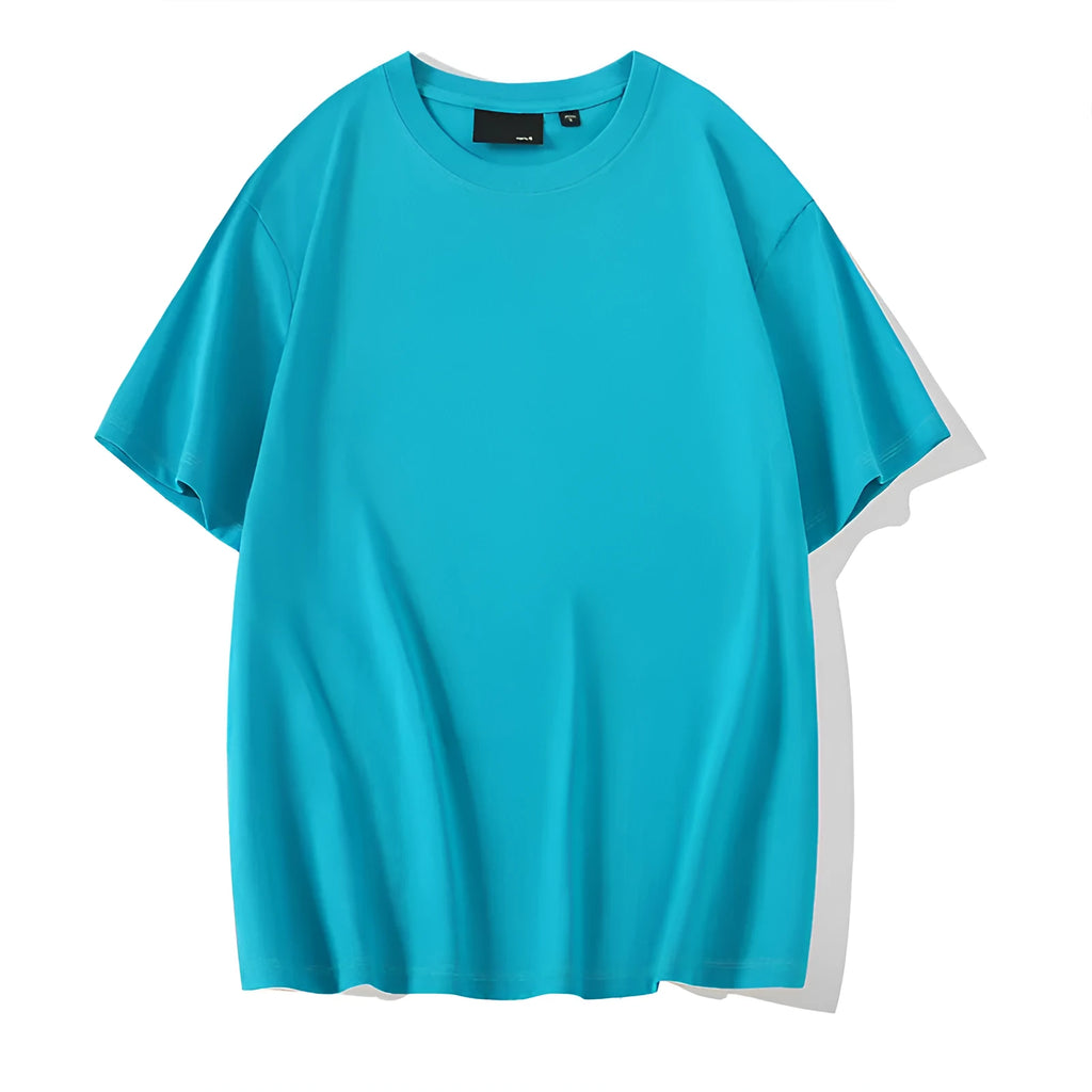 Cotton solid colour round neck casual T-shirt with drop shoulder sleeves in loose fit