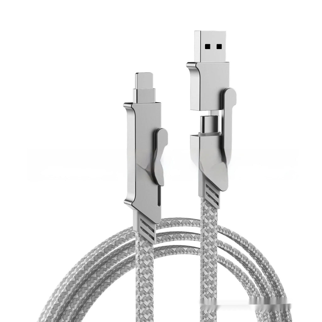 Six-in-one 120W fast charge data cable with zinc alloy connectors in black, showing multiple USB tips