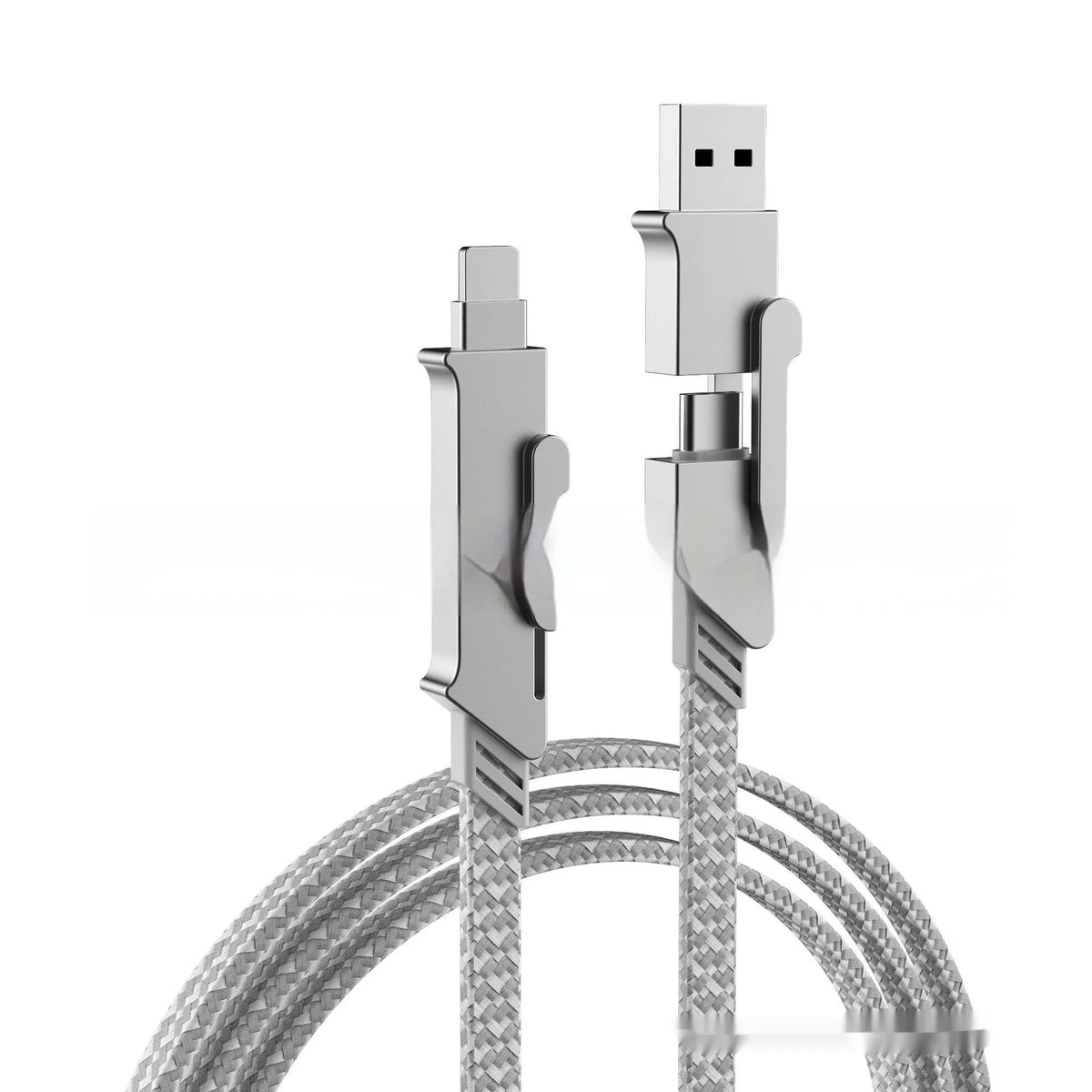 Six-in-one 120W fast charge data cable with zinc alloy connectors in black, showing multiple USB tips