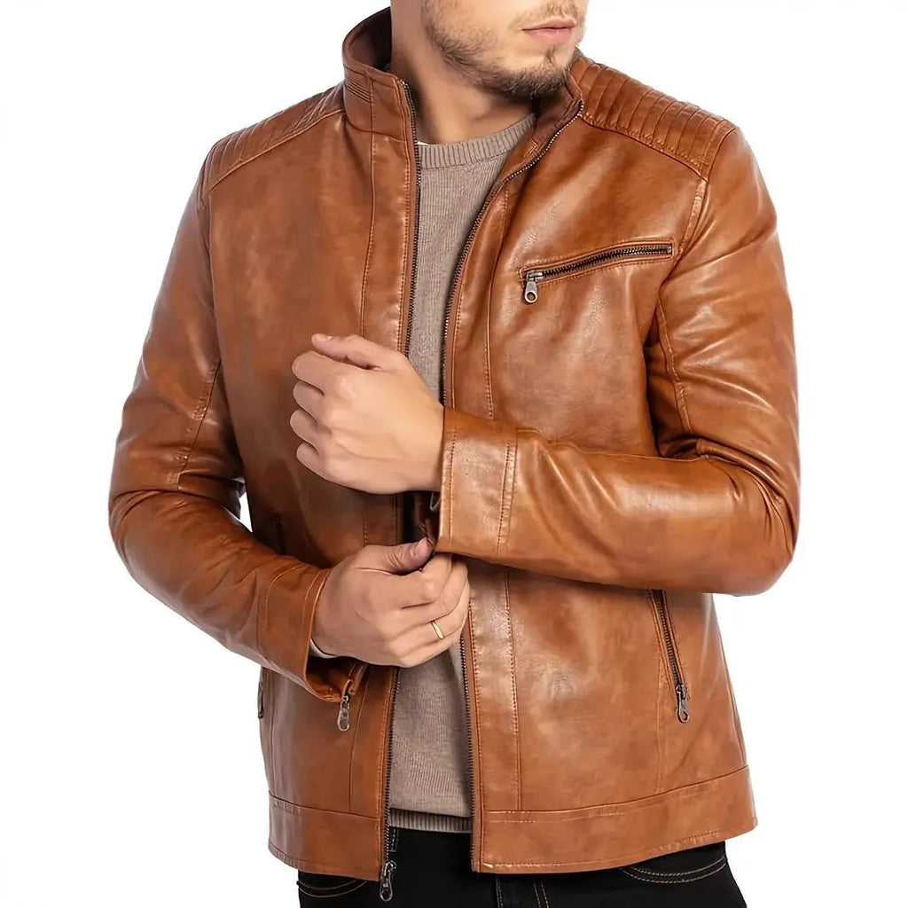 Men's brown punk style artificial leather motorcycle jacket with stand collar.