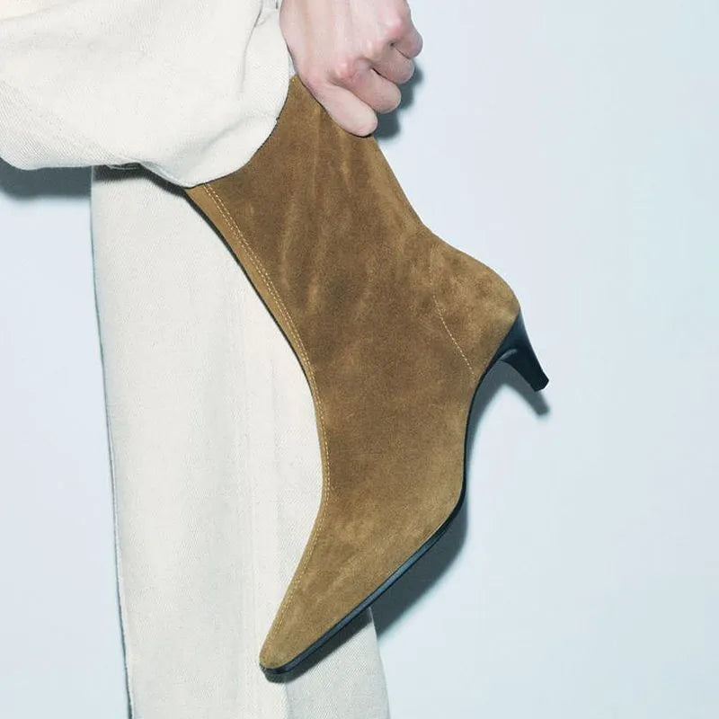 Brown retro square toe kitten heel mid-calf boots with a side zip on a white background