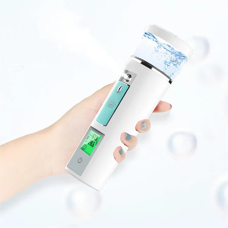 White rechargeable portable facial spray moisturizer with USB charging, 15cm tall