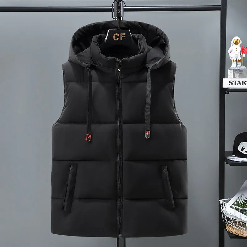 Men's thick polyester vest with removable cap in black or blue with straight hem design