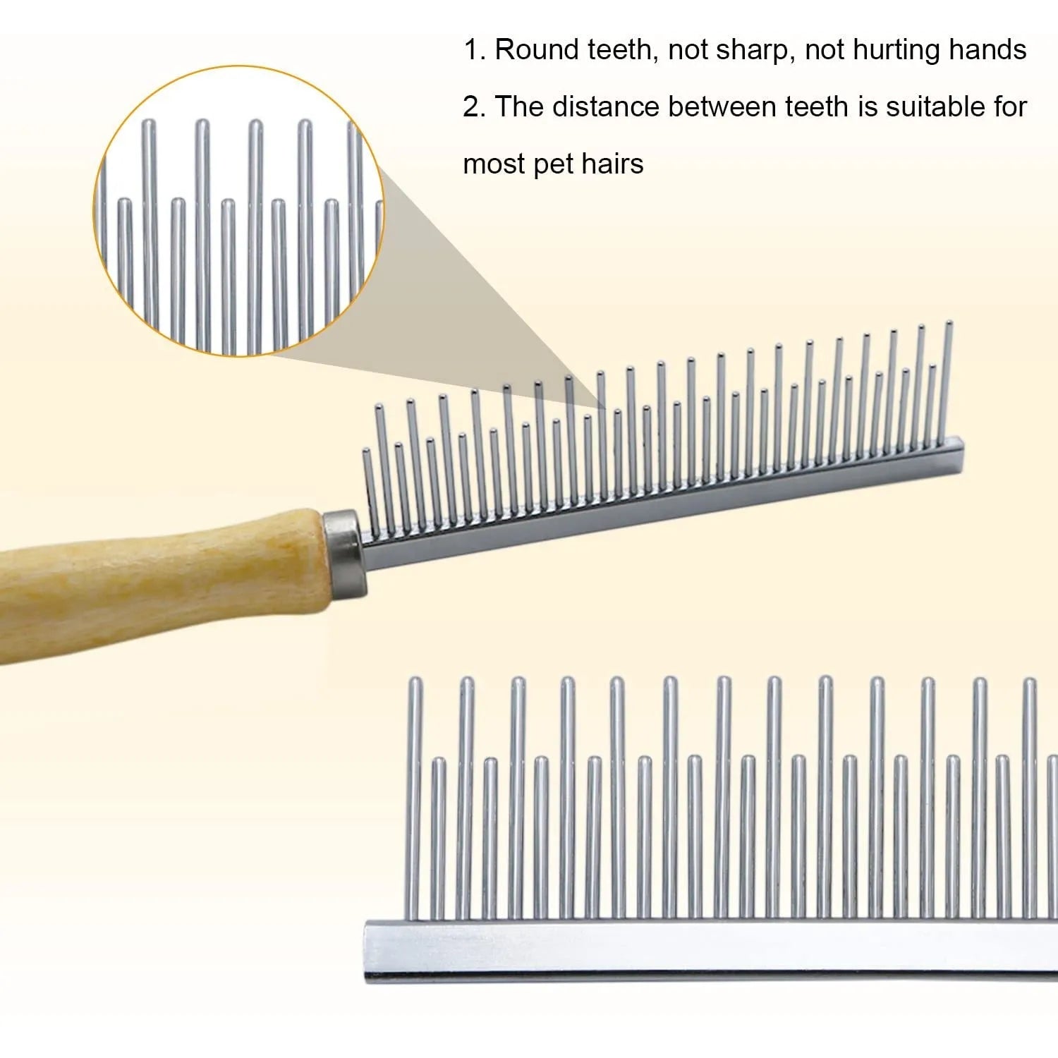 Wooden handle pet grooming comb for dogs and cats with rounded safety teeth.