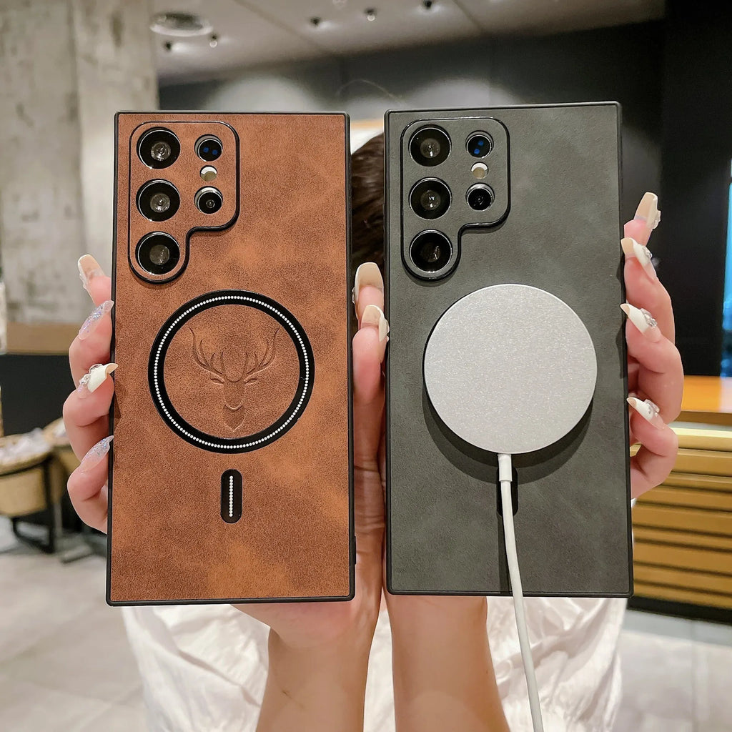 Deer head magnetic wireless charger leather pattern phone case for Samsung S23, black back cover