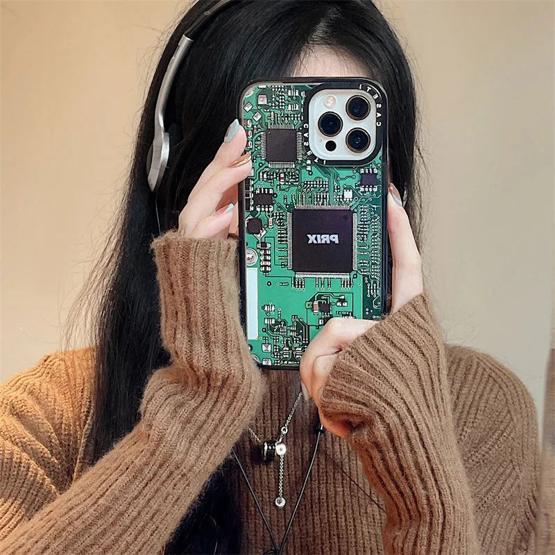 Circuit board iPhone case with engraved acrylic side panel, hard PC shell, IC board colour
