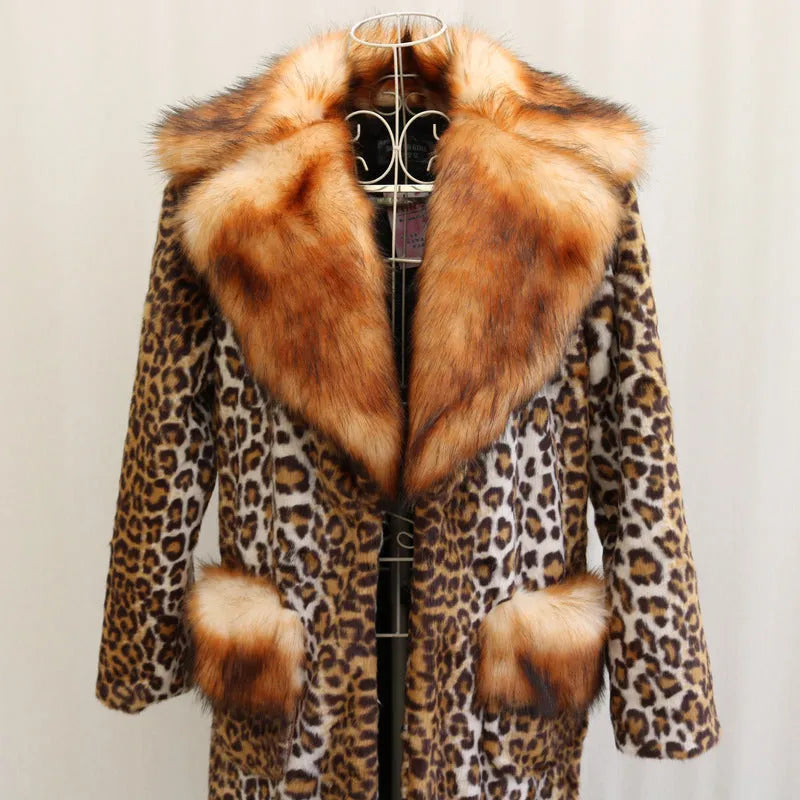 Women's long leopard print artificial fur jacket with regular sleeves on a hanger.