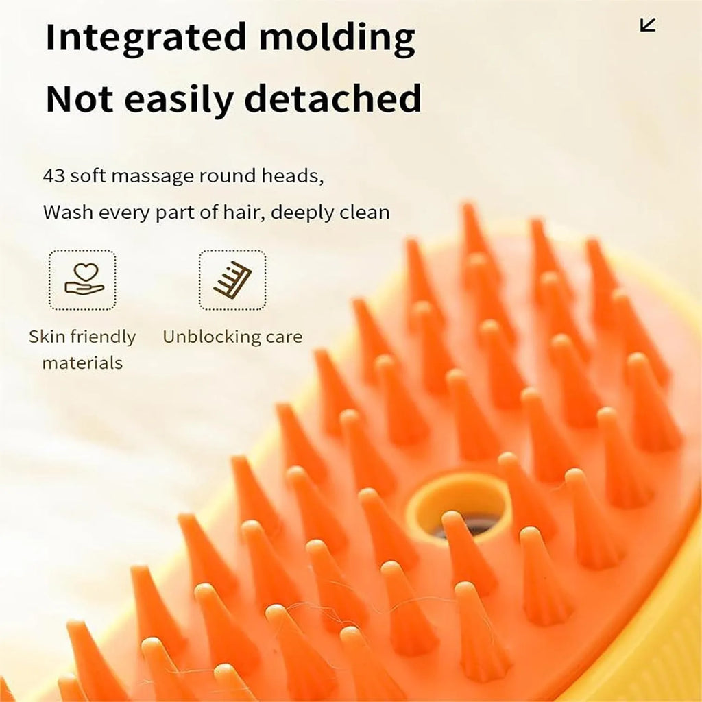 Green cat steam brush with silicone bristles and rechargeable base for pet grooming