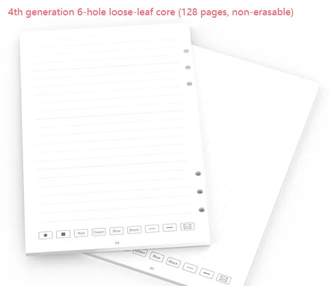 Loose leaf spiral notebook replacement paper core with pen and pencil refills on a table.