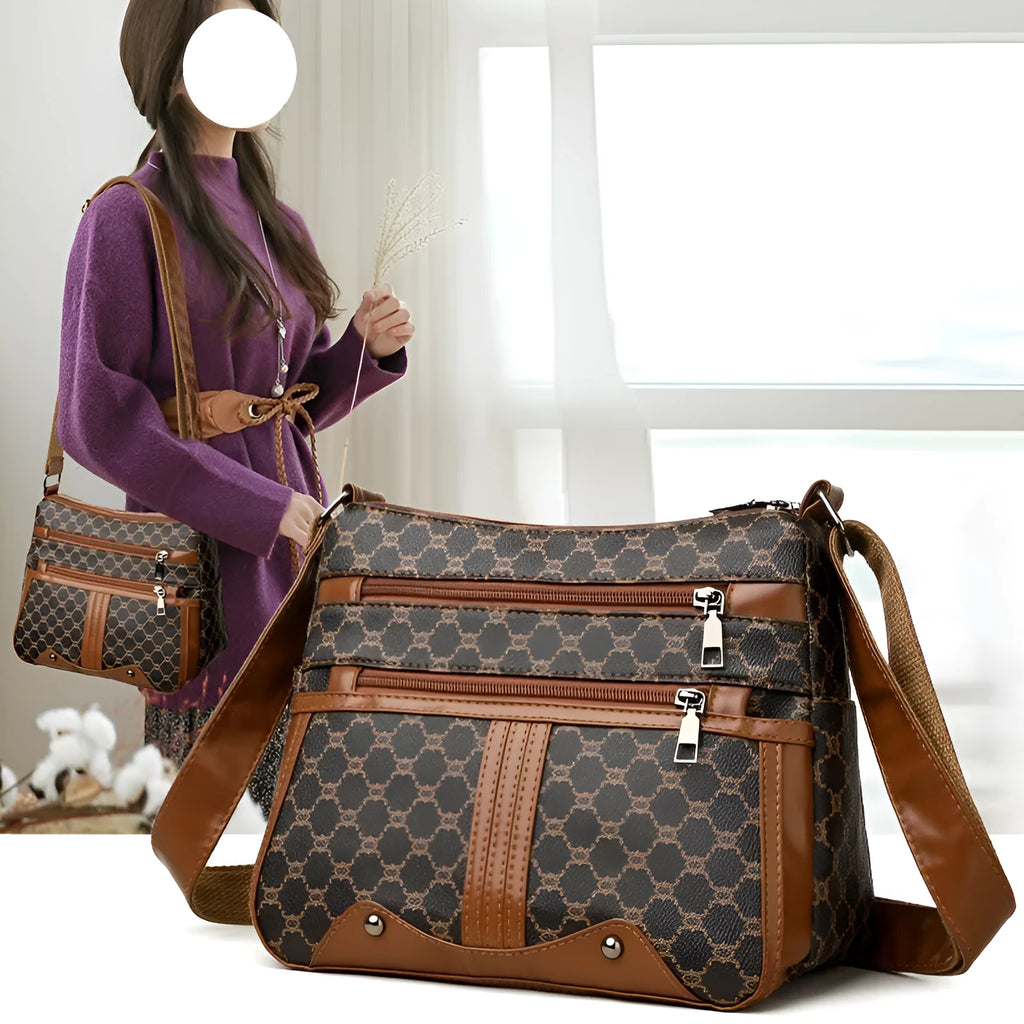 Women's brown stitching pattern crossbody bag made from PU leather with large interior capacity