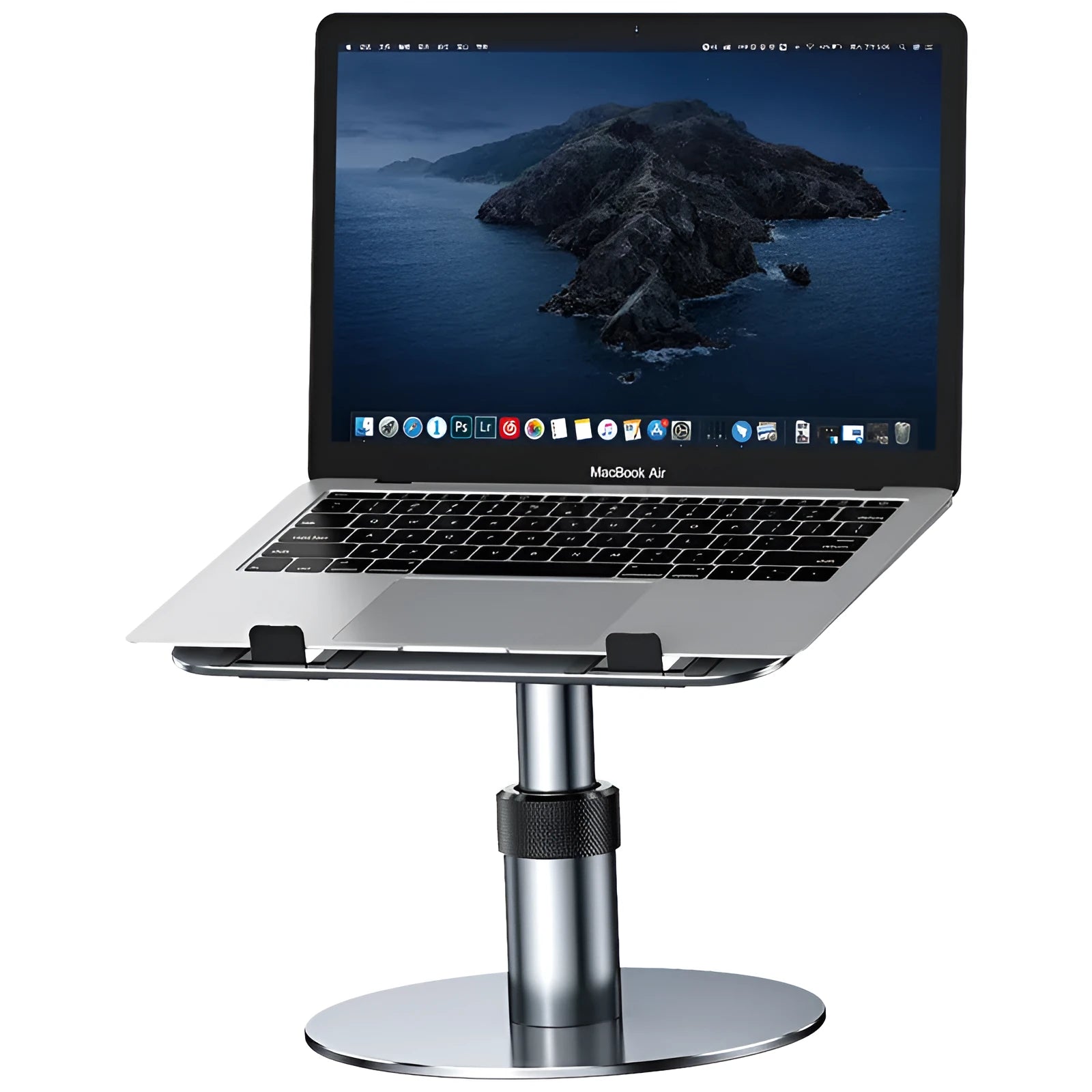 Silver aluminium laptop stand at adjustable height with rotating base and non-slip pads