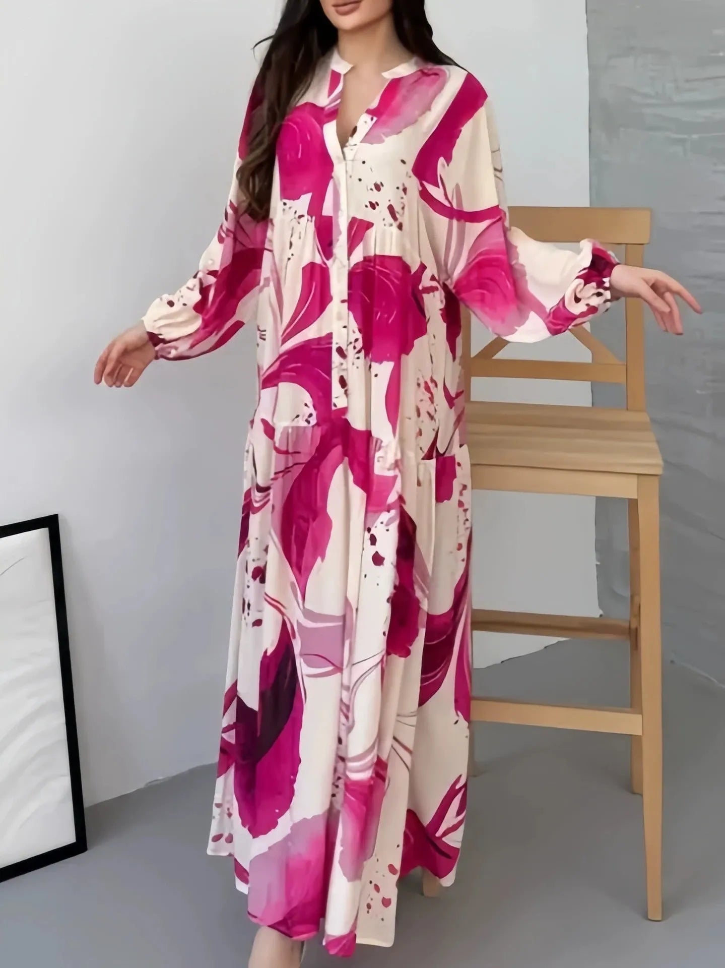 Loose casual V-neck dress with oversized swing skirt in Rose Red, long sleeves, spliced style, mid waist, casual Japanese Korean design