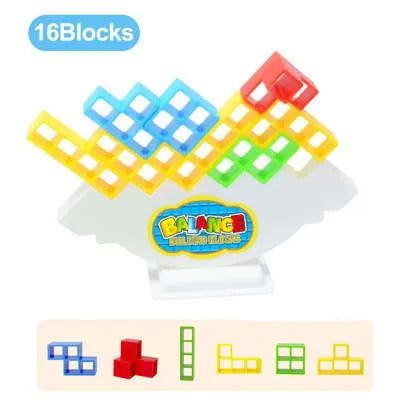 Balance stacking board game with 16 colourful plastic blocks on chassis