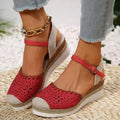 Women's beige hemp rope platform wedge shoes with round toe and breathable PU upper.
