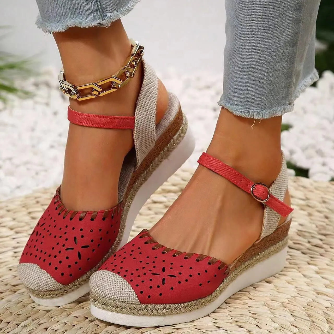 Women's beige hemp rope platform wedge shoes with round toe and breathable PU upper.