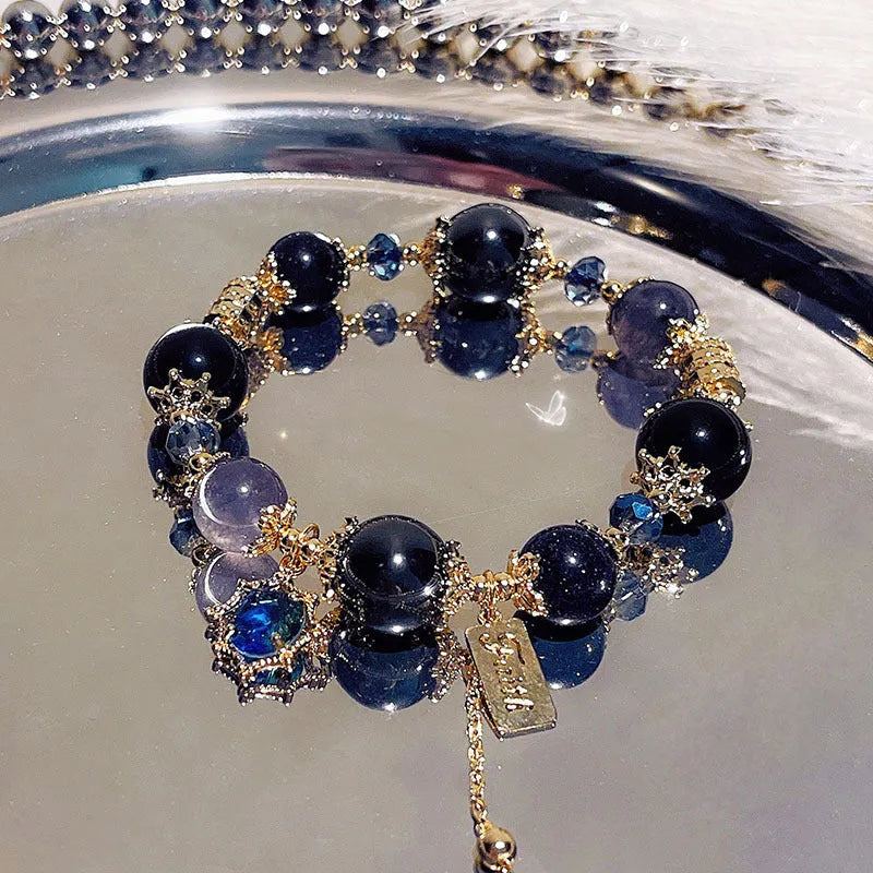 Women's snowflake pendant bow bracelet with heart charm in galaxy colour electroplated finish