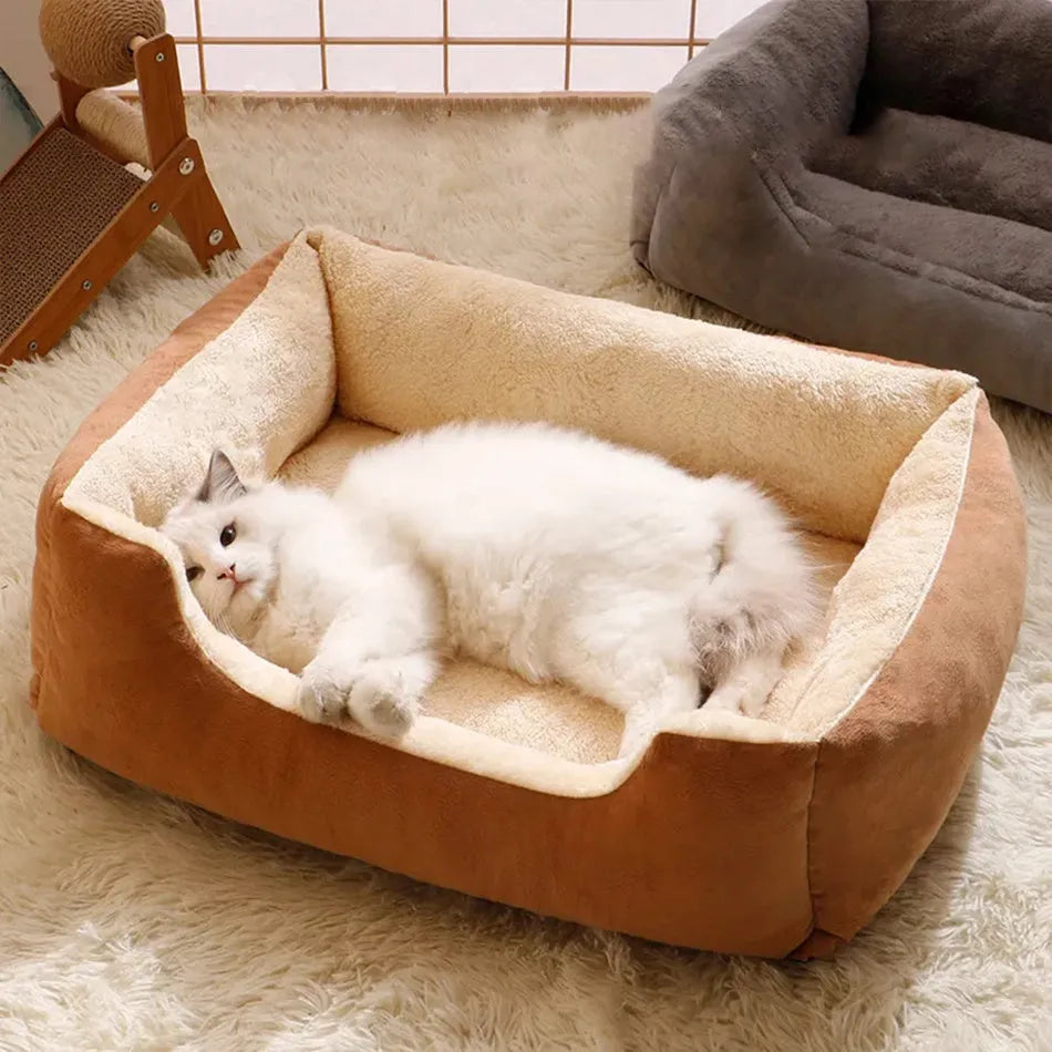 Short plush cat bed in various sizes and colours including black, coffee, grey, green and pink