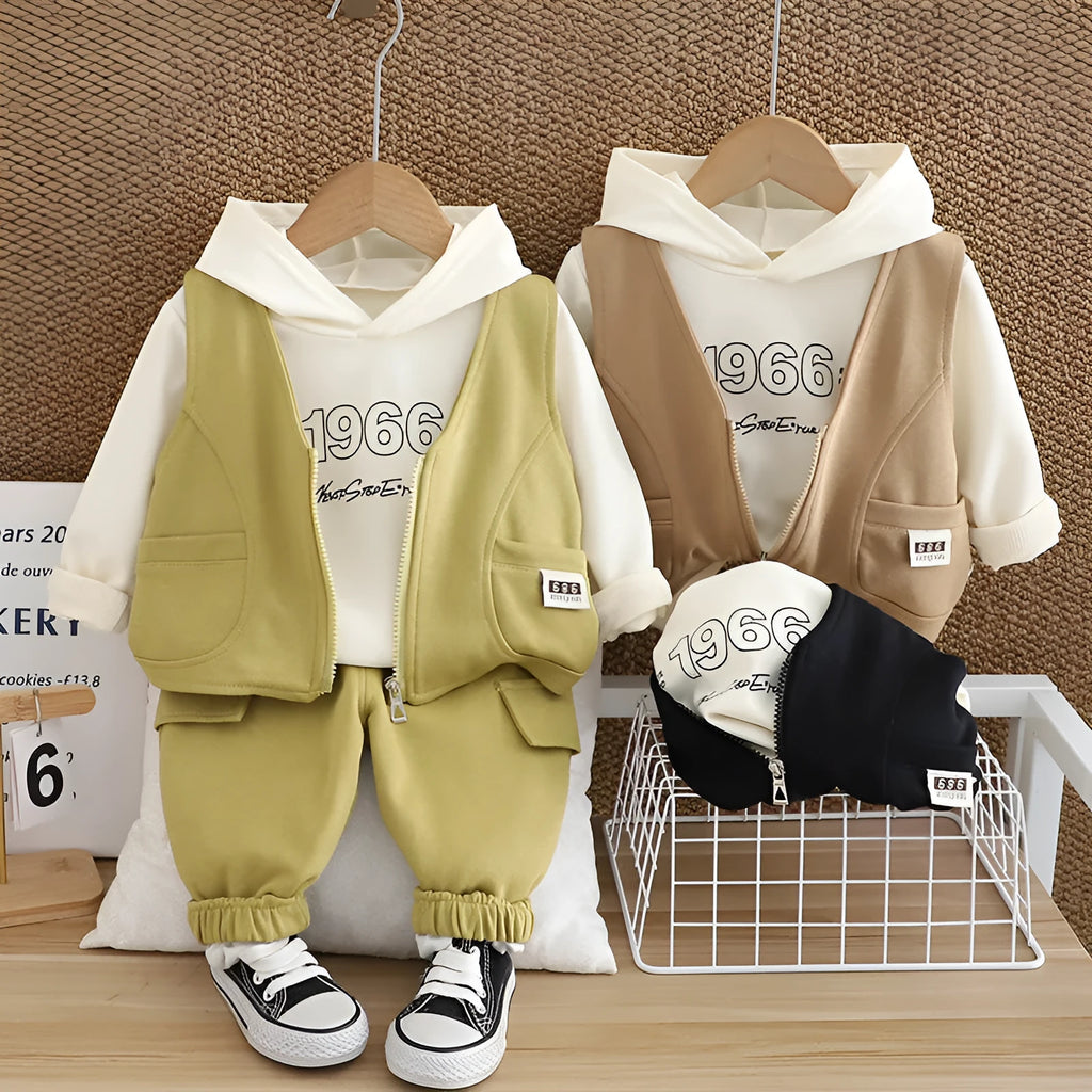 Boys cotton number vest three-piece set with long-sleeve zipper shirt and trousers in black