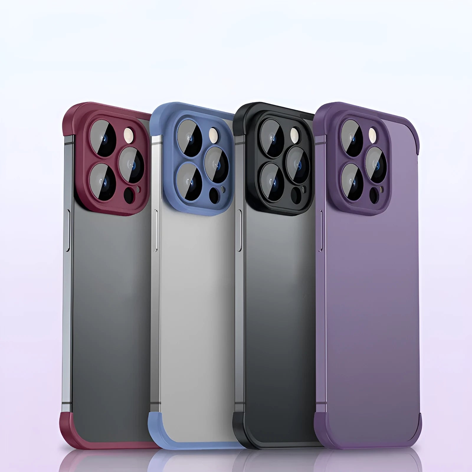 Dark purple TPU mobile phone case for Apple iPhone with corner pads and integrated glass lens film.