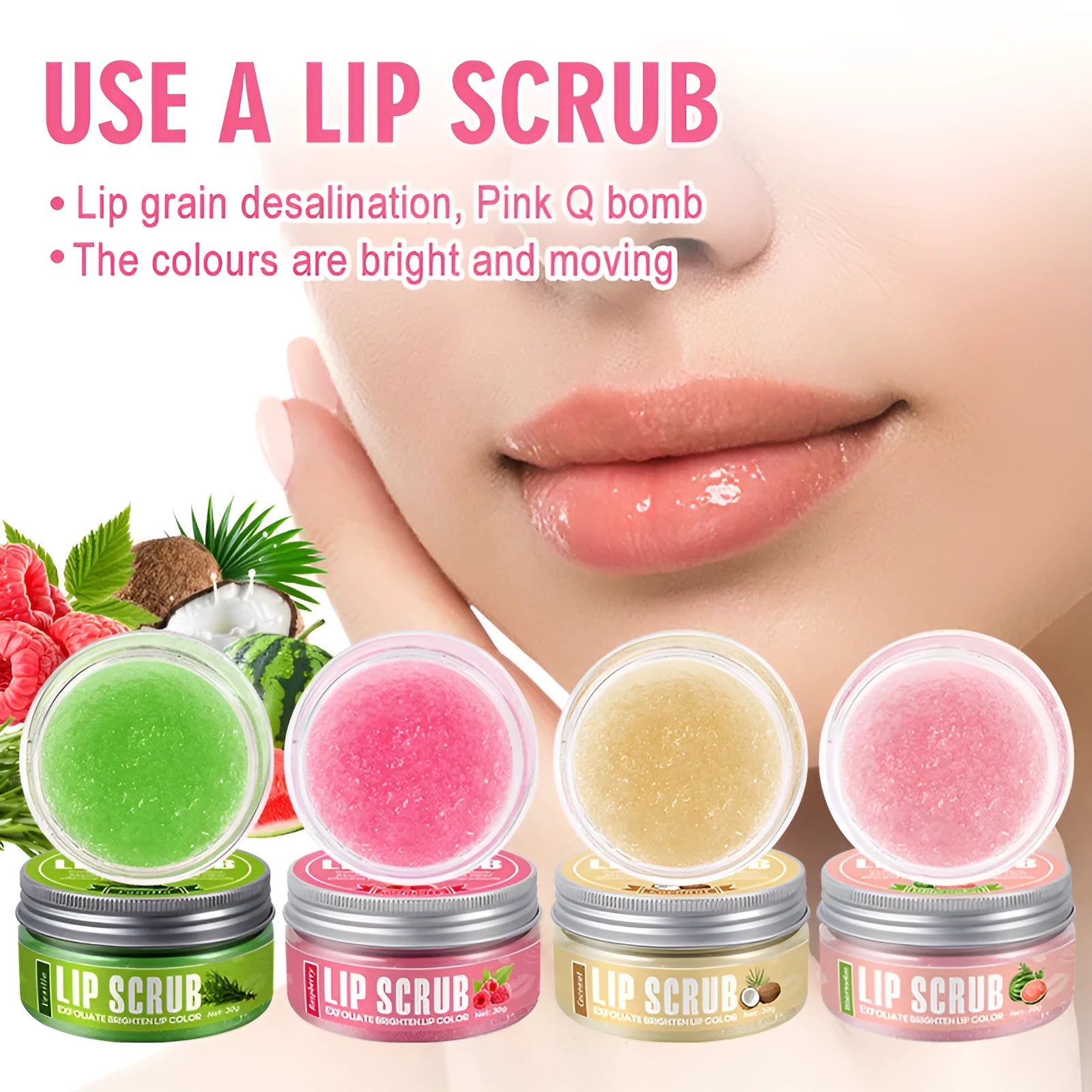 30g jar of fruit flavour lip scrub cream with coconut, raspberry, vanilla, watermelon options