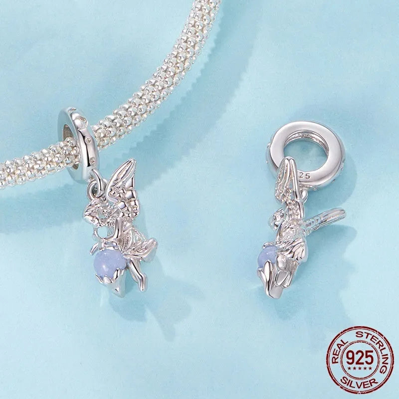 S925 sterling silver luminous angel pendant bead on a white background, showing 2.2cm height and 0.45cm aperture