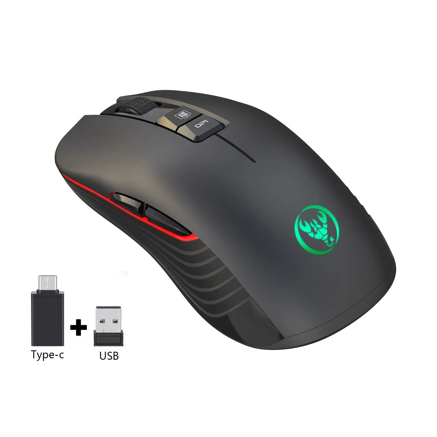 Black wireless gaming mouse with RGB breathing lights on a desk, showing ergonomic shape and scroll wheel.