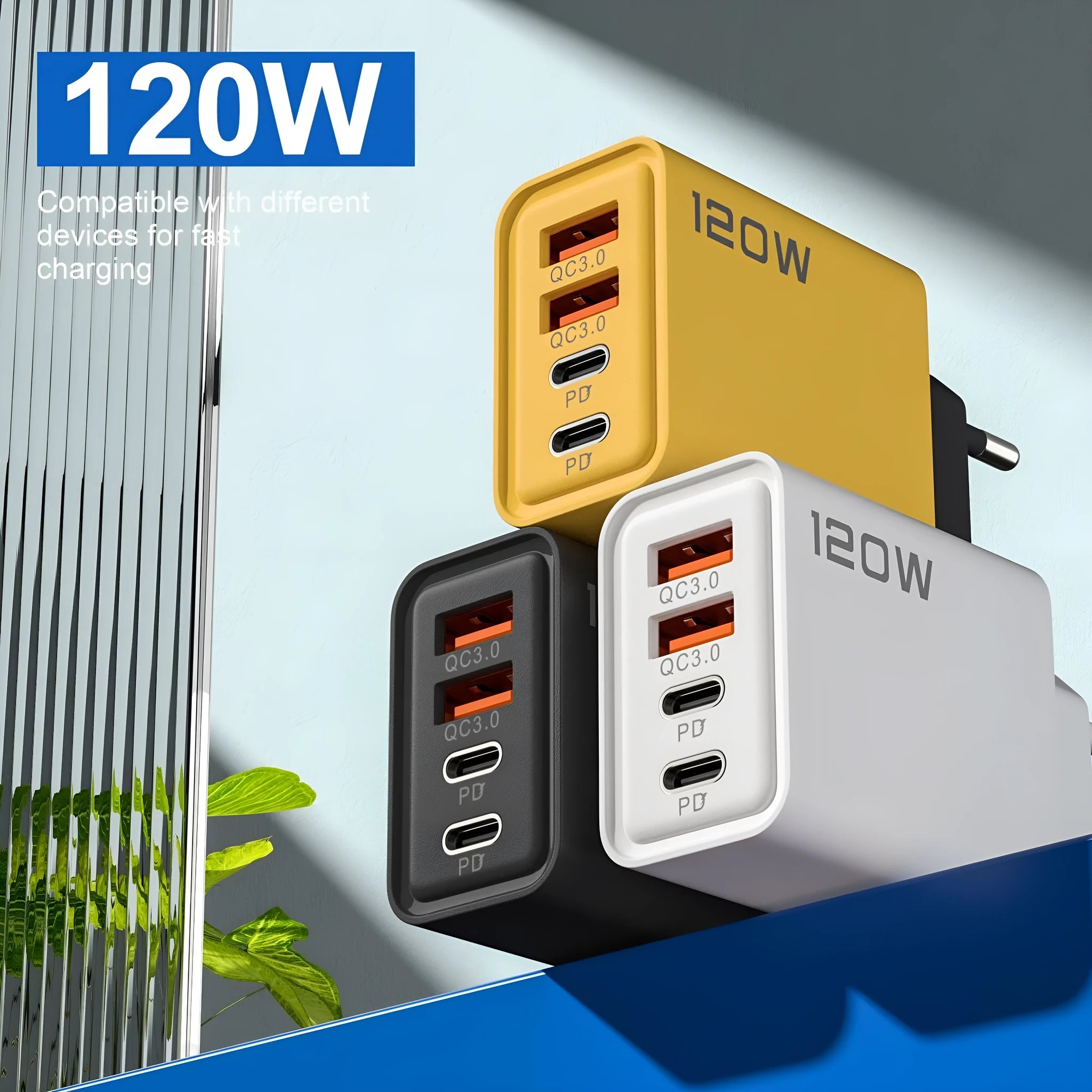 120W dual PD dual USB wall charger in Black, White, and Yellow with UK and EU plug options