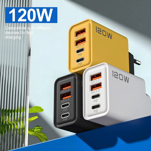 120W dual PD dual USB wall charger in Black, White, and Yellow with UK and EU plug options
