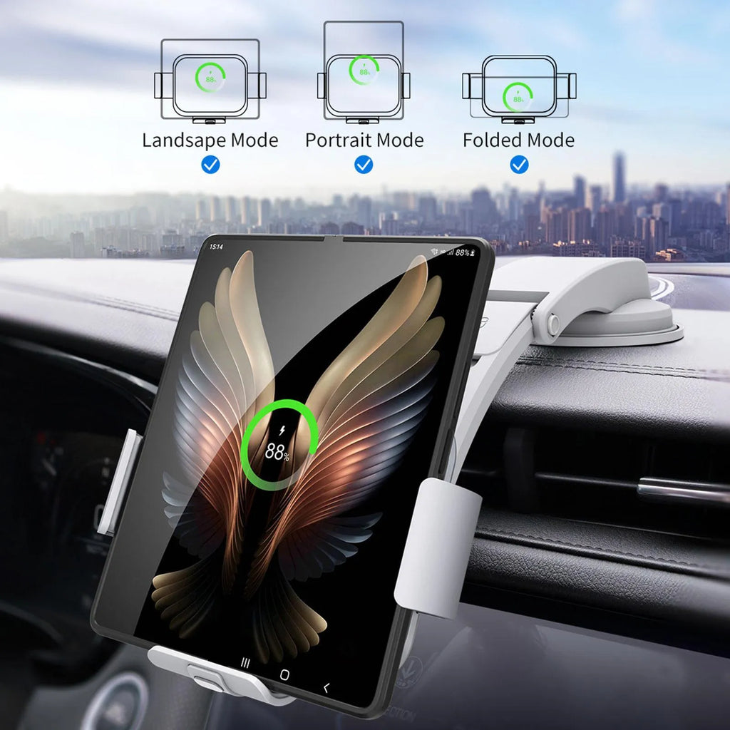 Grey wireless charging car phone holder with folding screen, shown with air conditioner clip and suction cup mounting accessories.
