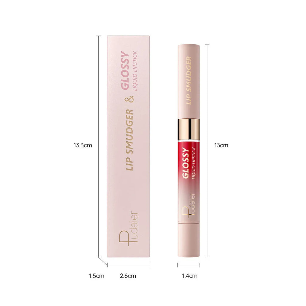 Double-headed lipstick and lip gloss in matte finish showing ten colour options 01 through 10