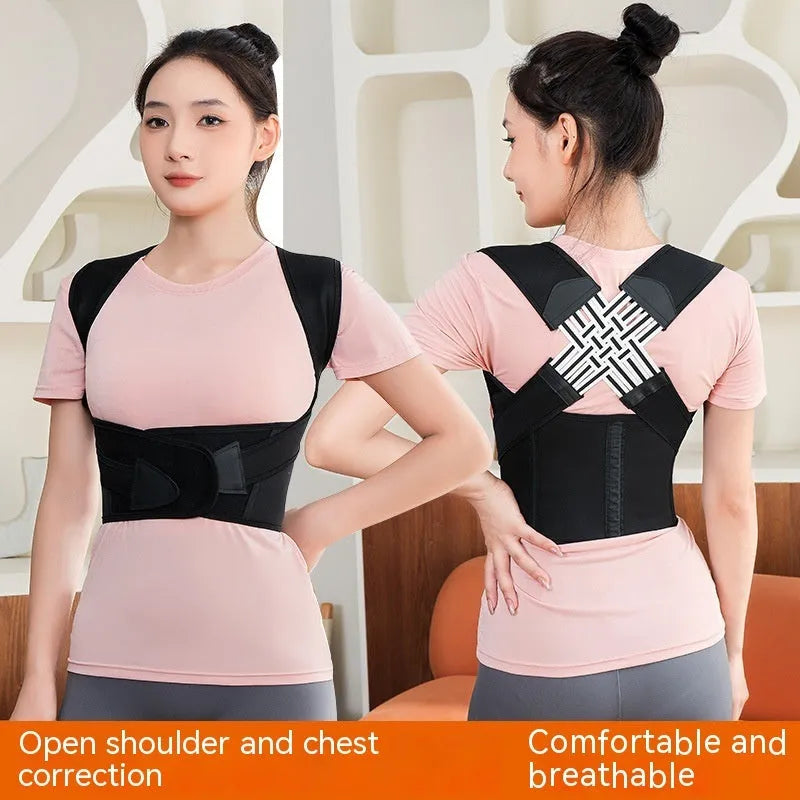 Unisex nylon posture corrector in black, sizes S to XXXL, for chest lift and back support.