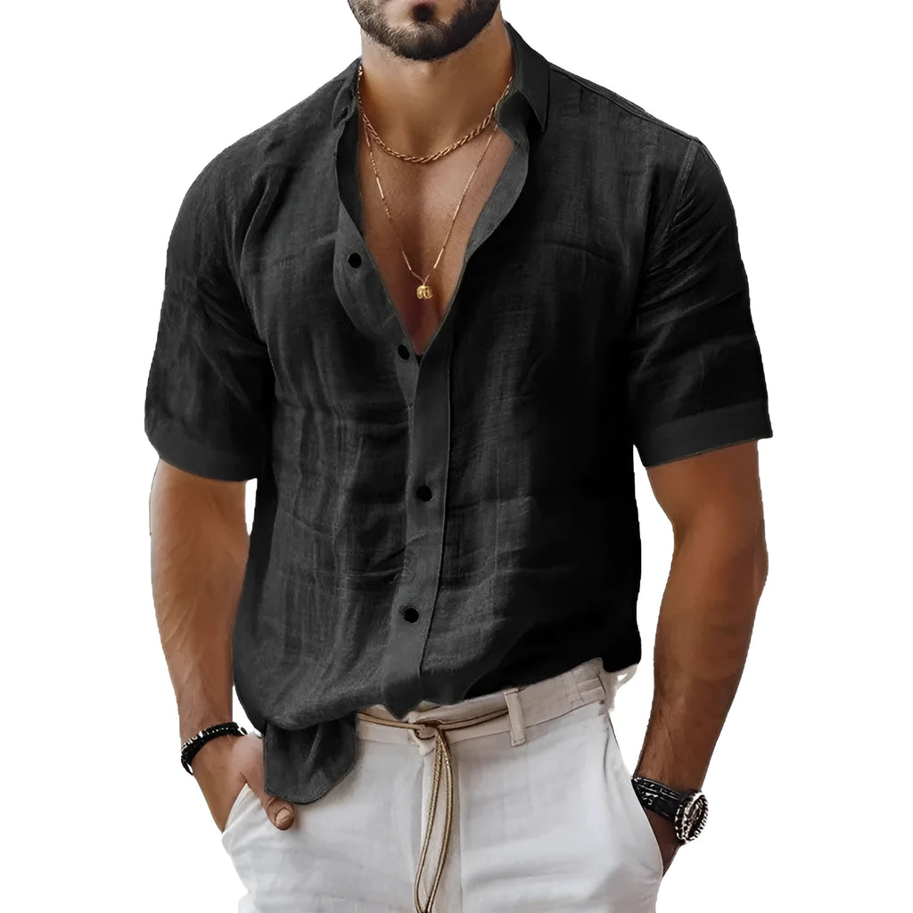 Men's solid colour lapel shirt with short sleeves in cotton linen blend fabric