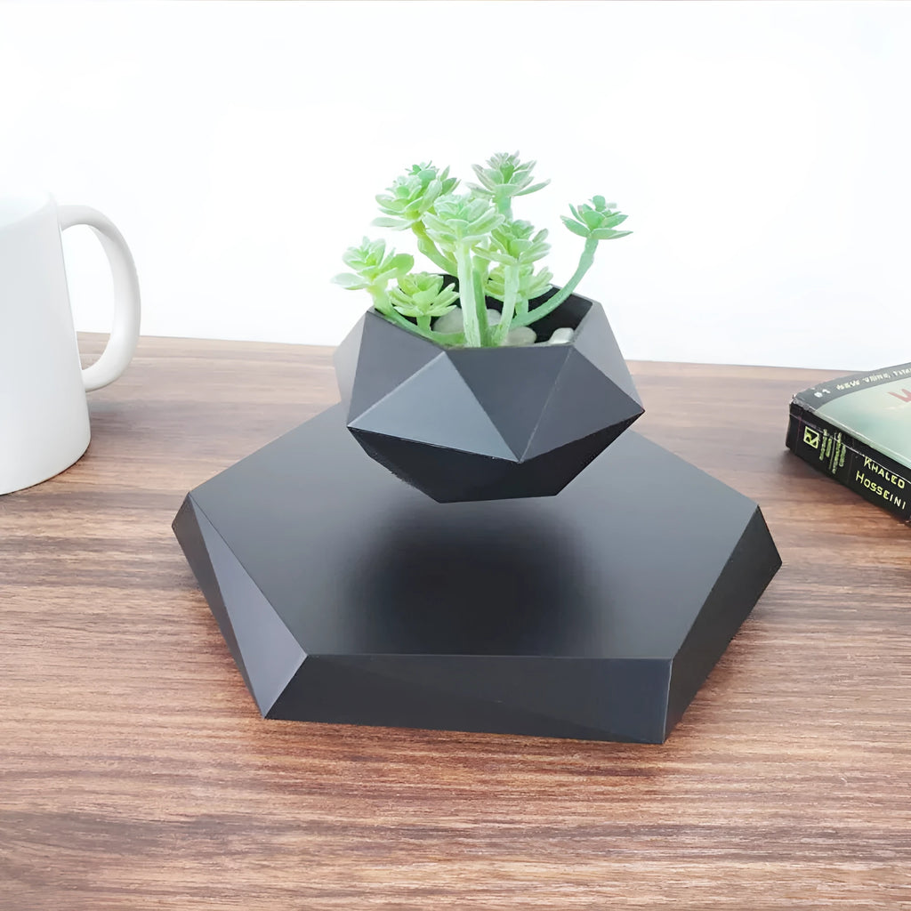 Hexagonal wood grain magnetic levitating flower pot floating 15mm above base