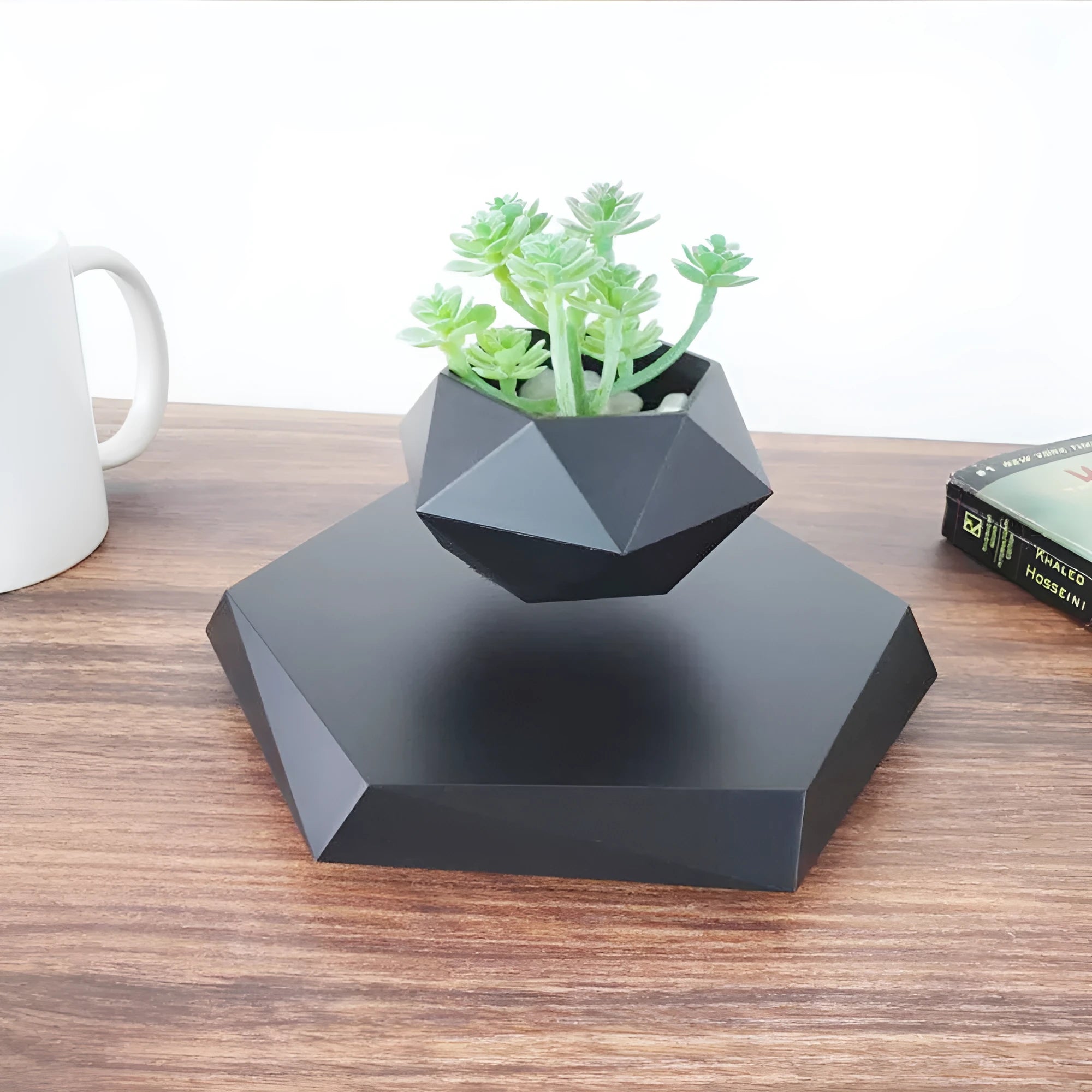 Hexagonal wood grain magnetic levitating flower pot floating 15mm above base