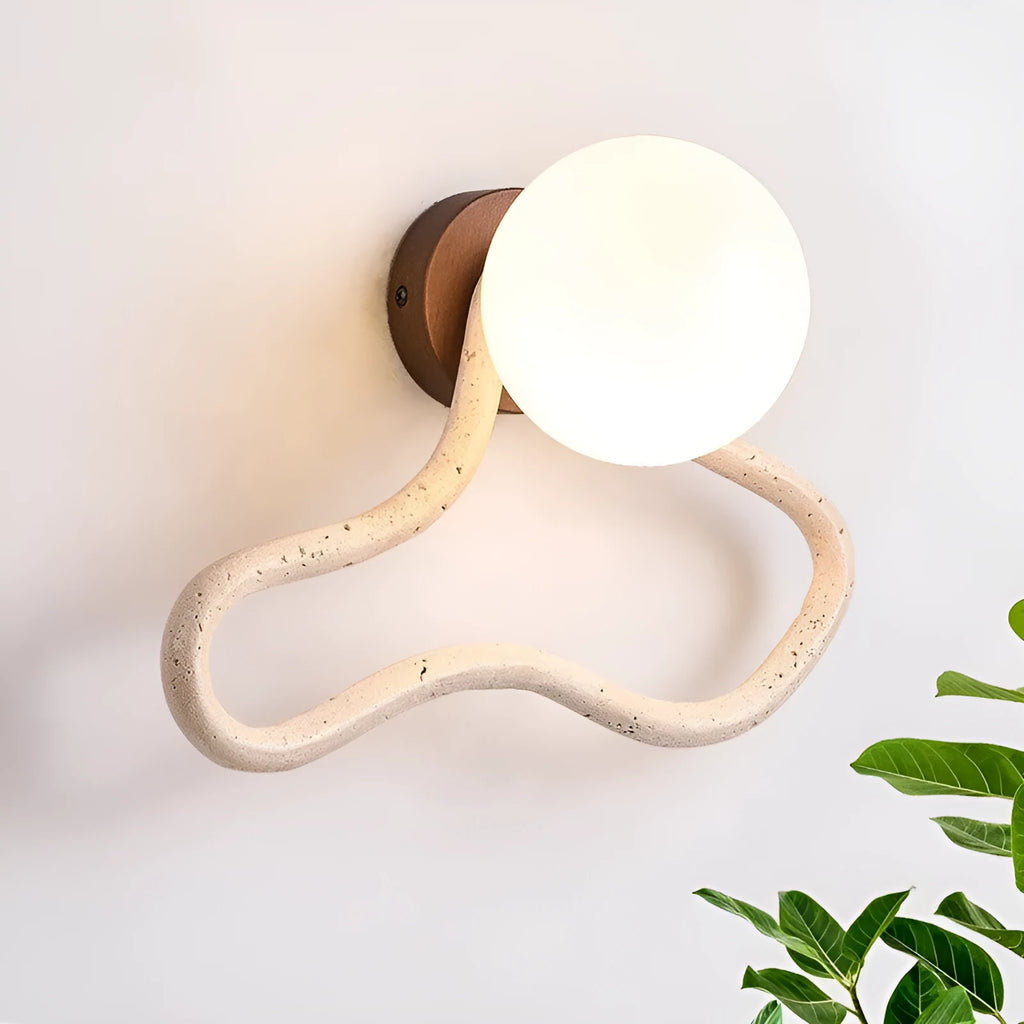 Middle Ancient cream style bedside wall lamp with white travertine glass shade and solid wood base