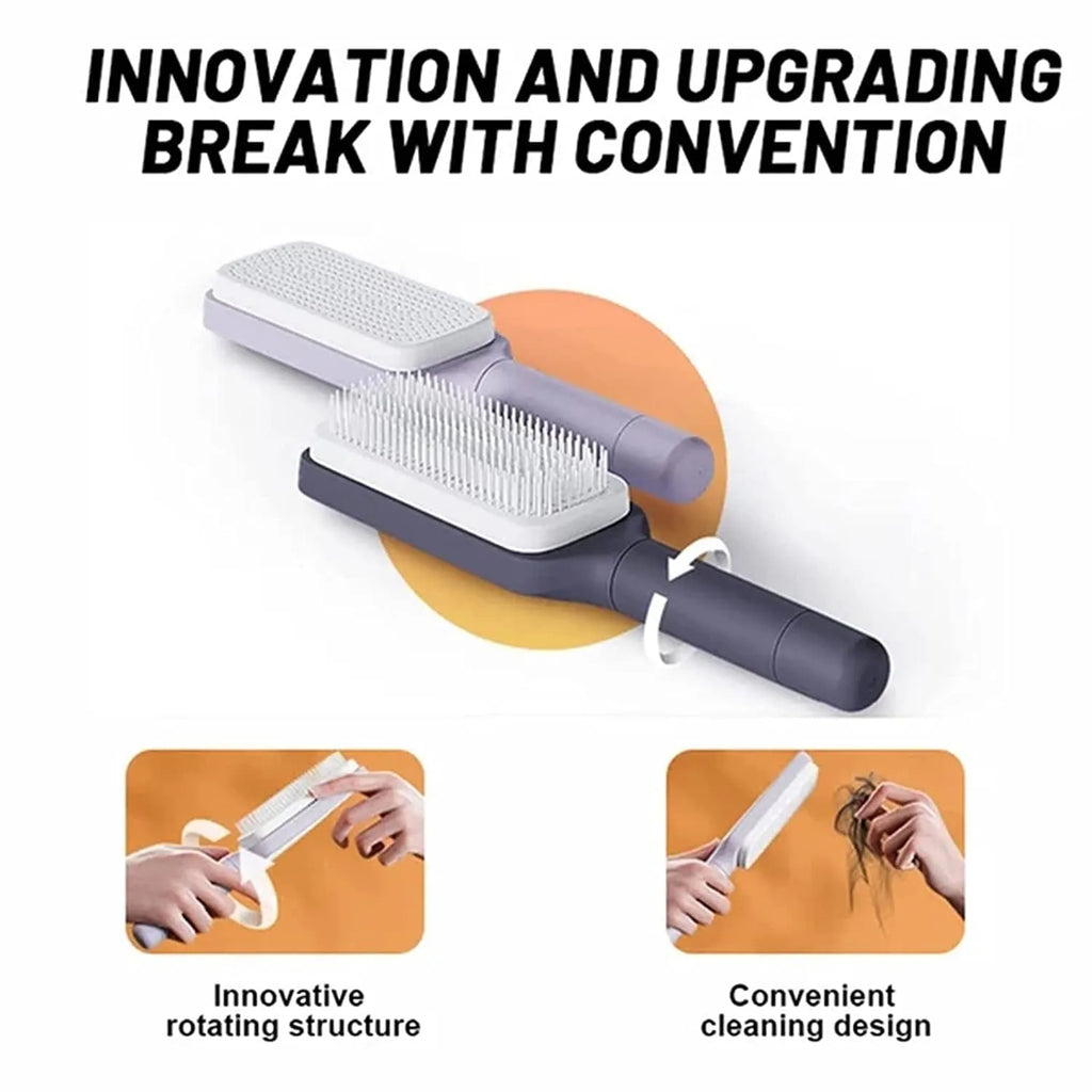Purple and grey self-cleaning hair brushes with rotating handles and anti-static teeth.