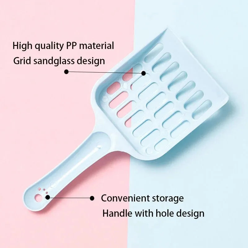 Plastic cat litter scoop in blue, green or pink colours showing 20cm length