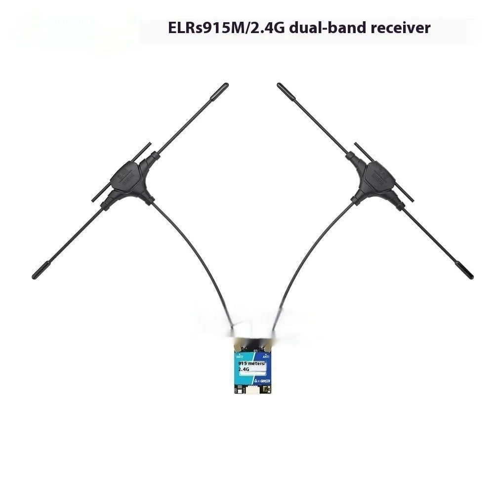 ELRS 915M 2.4G dual-frequency FPV drone receiver with two T-shaped antennas and installation accessories.